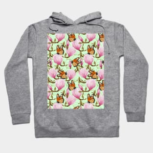 Magnolia Flowers With Butterflies On Green Background Hoodie